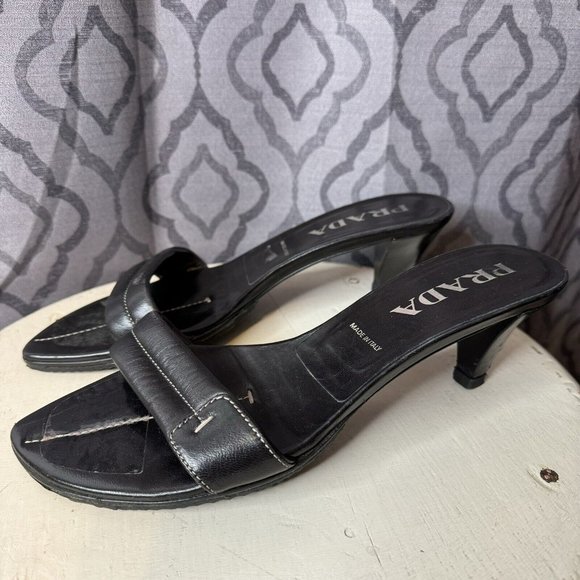Prada Kitten Heels US 8 Black Open Toe Stitching IT 38 Shoes Women Slip On - Picture 6 of 15